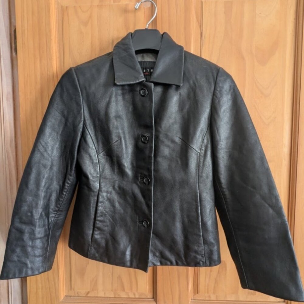 Fleet Street Red Label Black Leather Jacket Small Blazer Button Front 90s Minima